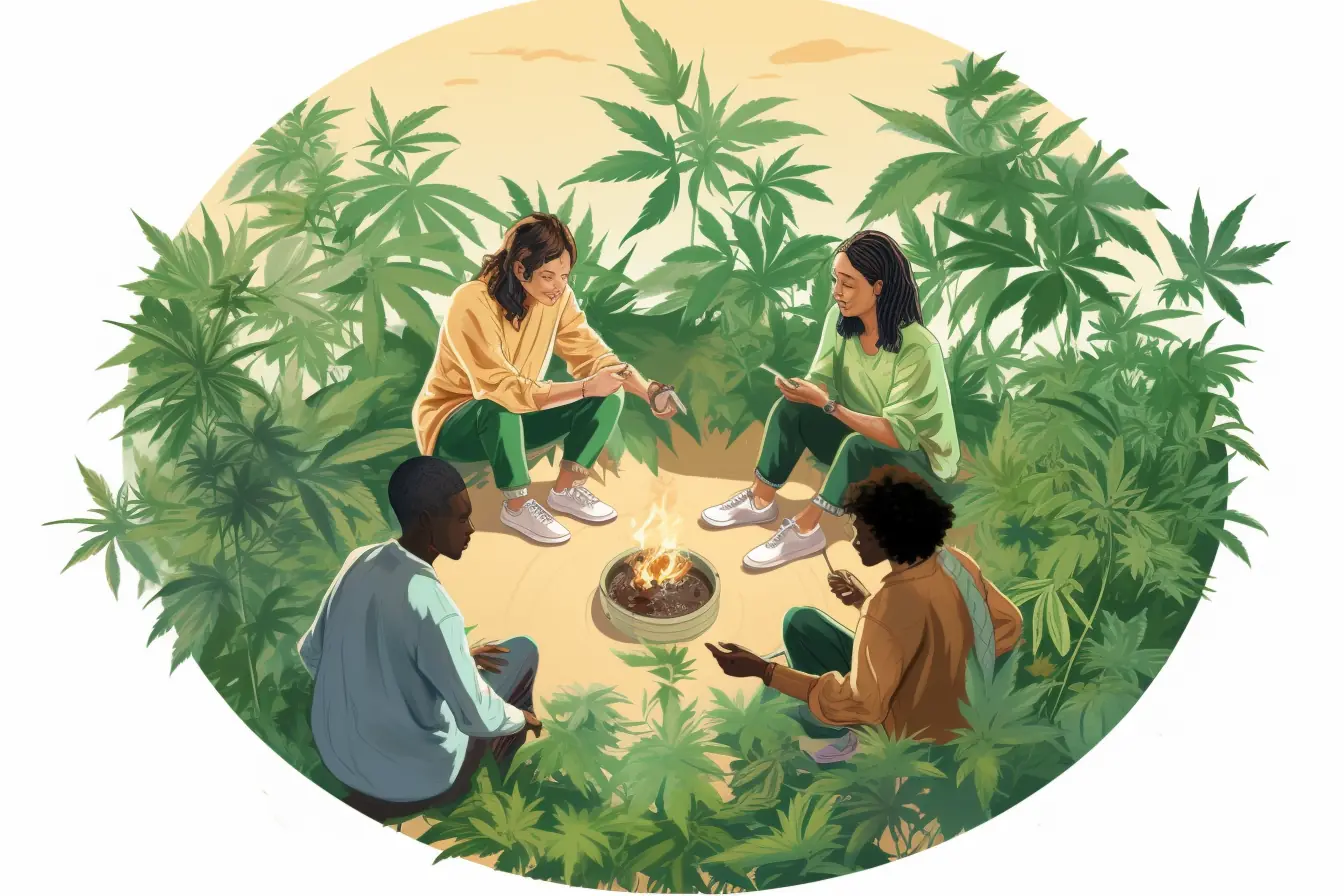 Ein Kreis aus Marihuanablättern umgibt die Mitglieder des Cannabis Social Club in Magdeburg Für den Cannabis Social Club in Magdeburg, wo sich die Raucher treffen, gibt es ein Zeichen aus einem Kreis von Marihuanablättern, der die Verbundenheit symbolisiert.