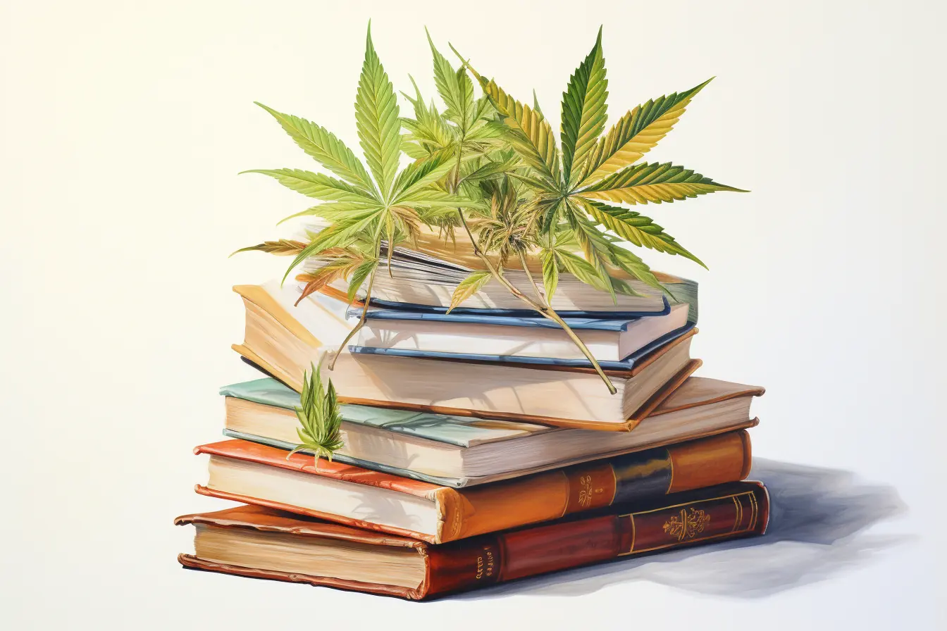 Eine Pflanze, die Cannabis heißt, hat grüne Blätter, die auf einem Bücherstapel liegen, der aus mehreren Büchern besteht.