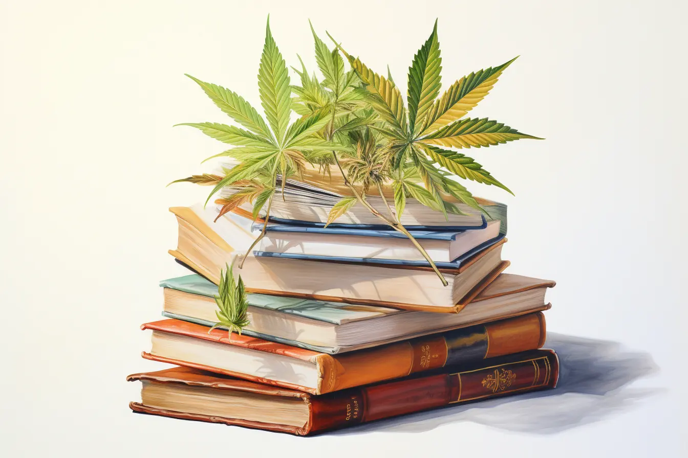 Cannabisblätter und Bücher in einem weichen Farbton Eine Pflanze, die Cannabis heißt, hat grüne Blätter, die auf einem Bücherstapel liegen, der aus mehreren Büchern besteht.