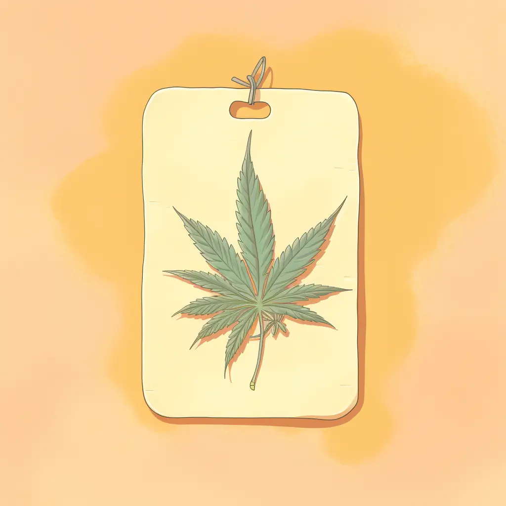 Für den Cannabis-Social-Club in Magdeburg, der eine freundliche Atmosphäre bietet, gibt es ein Preisschild mit einem Cannabisblatt in eleganten Pastelltönen.