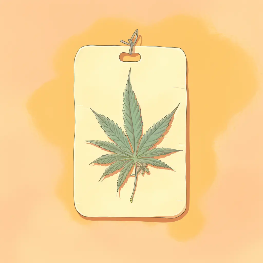 Ein Preislabel begleitet ein Blatt aus der Cannabisfamilie in Pastellfarben Für den Cannabis-Social-Club in Magdeburg, der eine freundliche Atmosphäre bietet, gibt es ein Preisschild mit einem Cannabisblatt in eleganten Pastelltönen.