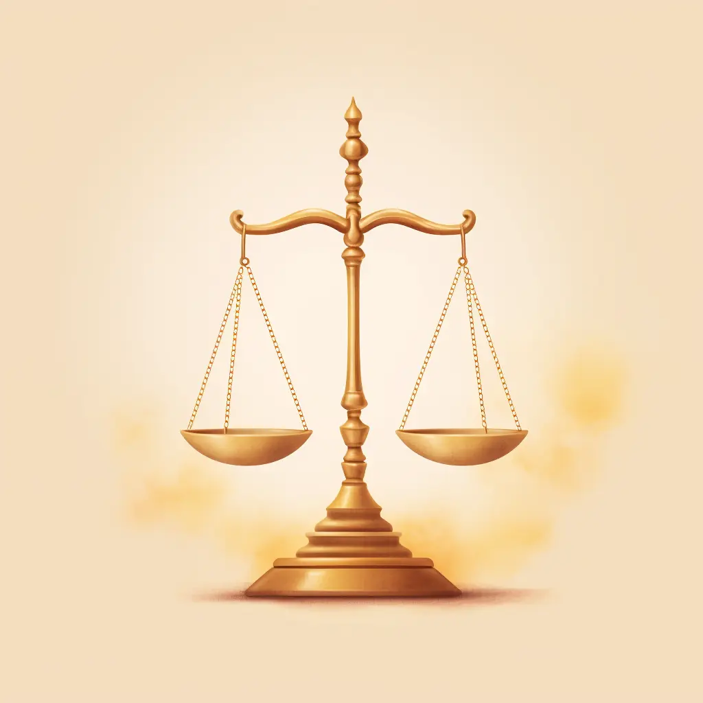 Eine Waage in hellen Farben ist das Symbol für Recht. Eine Waage der Gerechtigkeit in Gold hebt sich von einem beigen Hintergrund ab.