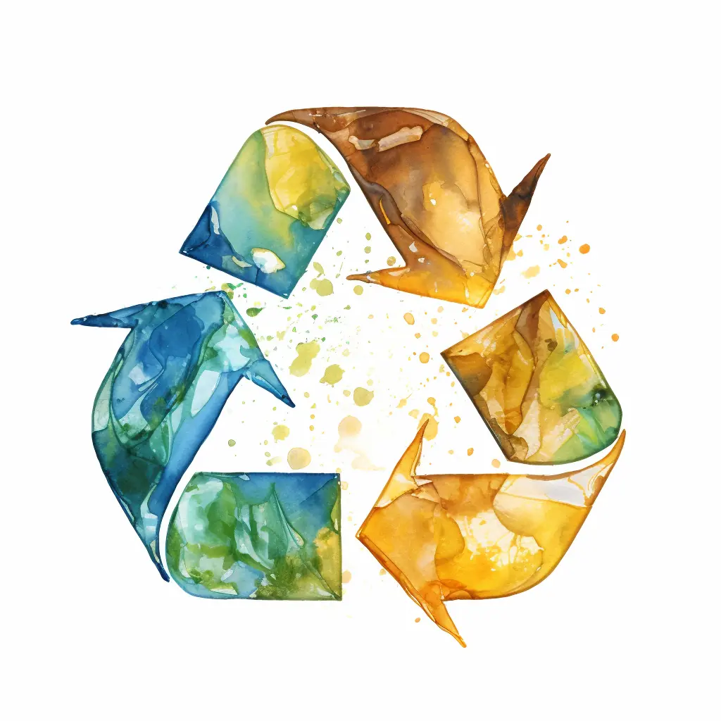 Eine Zeichnung, die Recycling-Symbole in zarten Farben zeigt - halb realistisch gestaltet Ein Recycling-Zeichen auf einer weißen Fläche