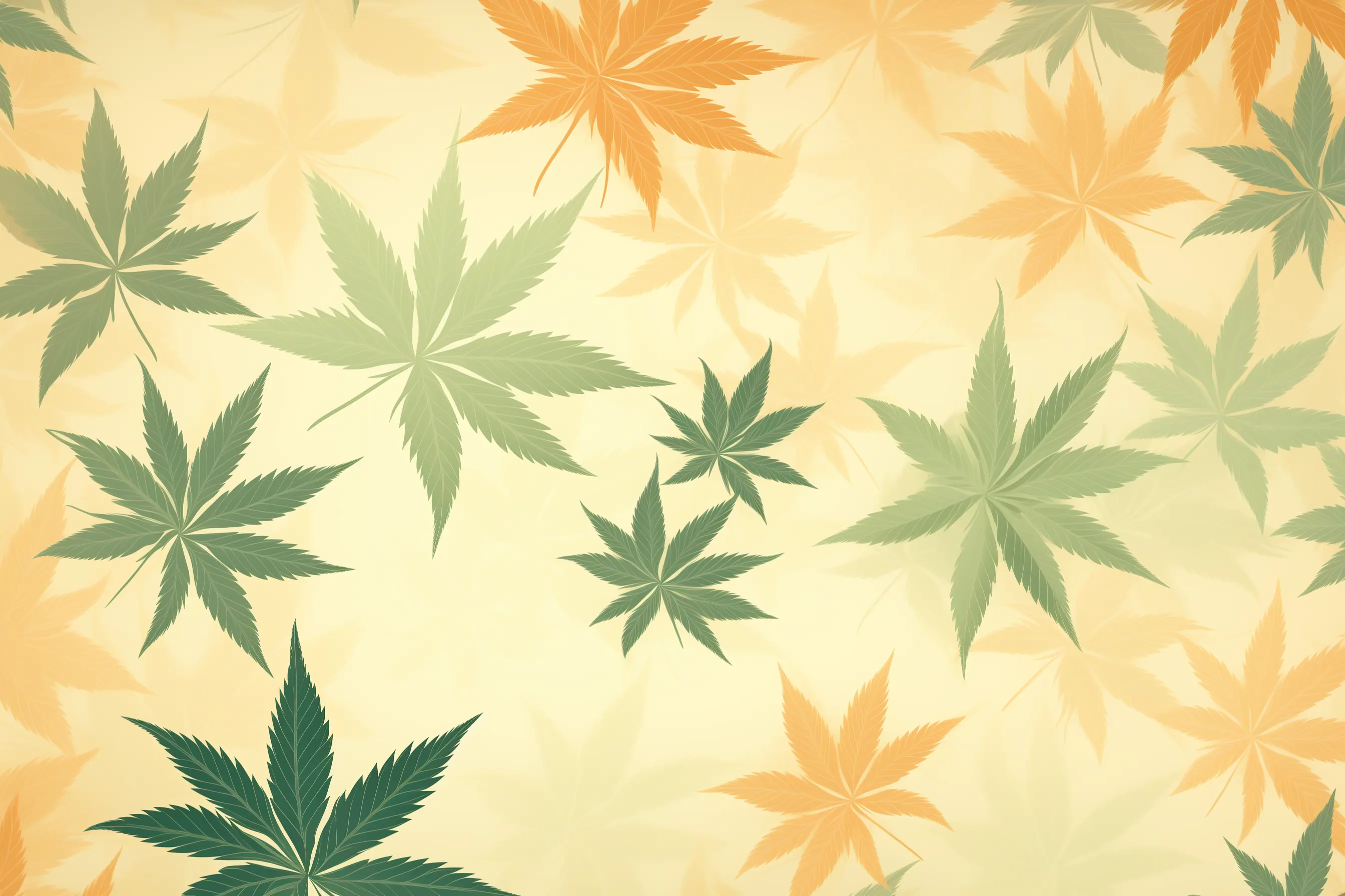 Cannabisblätter in zarten Pastellfarben als Hintergrundgestaltung. Für den Cannabis Social Club in Magdeburg gibt es ein Design aus einem beigen Hintergrund, der ein Cannabisblatt-Muster aufweist.